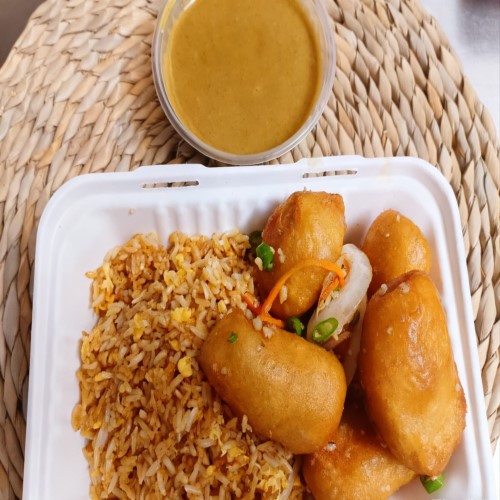 Salt & Pepper Chicken Balls With Fried Rice & Curry Sauce 